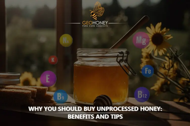 Buy Unprocessed Honey Benefits and Tips with honeycomb on a wooden table.